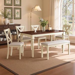 LUXOAK 6-Piece Solid Wood Dining Table Set, Upholstered Chair w/Bench Seat, Seating for 6,60'' Farmhouse Wood Kitchen Chairs Set for Living Room, Dining Room, Kitchen, Cream White