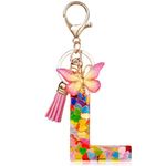 OSDUE Fashion Alphabet Initial Letter Keychain, Women Tassel Butterfly Pink Purple Cute Car Keyrin, Pink and Gold Resin Alphabet Keychain, Tassel Butterfly Pendant Key Ring for Wallet (L)