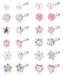 SAILIMUE 12 Pairs Hypoallergenic Screw Back Earrings for Women Girls Surgical Steel Cute Heart CZ Flower Pearl Ball Tiny Screwback Stud Earring