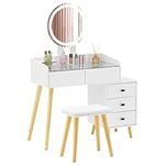 CLIPOP Dressing Table with LED Lights,Bedroom Vanity Makeup Desk with Clear Tempered Glass Tabletop and Drawer Storage,Cushioned Stool for Women Girl Gift