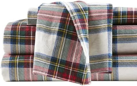 Comfort Spaces Cotton Flannel Breathable Warm Deep Pocket Sheets with Pillow Case Bedding, Queen, Red Plaid Scottish Plaid 4 Piece