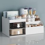 House of Quirk Polypropylene, Polystyrene 2 Drawer Cosmetics Makeup Organizer For Vanity Bathroom, Clear Drawer Cosmetic Storage Display Case With Brush Holder, Desk Countertop (White)