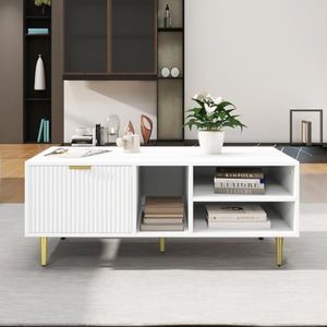 KOMHTOM Table basse basse avec pieds en métal blanc - Table d'appoint avec espace de rangement - Table de salon pour salon, chambre à coucher (B)