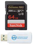 SanDisk 64GB SDXC Extreme Pro Memory Card Works with Canon EOS R, M50, M100 Mirrorless Camera 4K V30 UHS-I (SDSDXXG-064G-GN4IN) with Everything But Stromboli Combo Reader