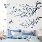 decalmile Watercolor Blue Flower Branch Wall Decals Blossom Tree Branch Floral Wall Stickers Bedroom Living Room Sofa TV Background Wall Décor