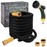 TheFitLife Expandable Garden Hose Pipe - Triple Core Latex and Solid Metal Fittings 8 Pattern Spray Nozzle EU Standard Expanding Kink Free Easy Storage Flexible Water Hose (100 FT, Black)