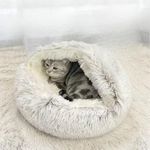 Cat Bed Round Fluffy Hooded Cat Bed Cave, Anti-Anxiety Cave Bed with Hooded Blanket, Cozy Cuddler Luxury Puppy Pet Bed, Anti-Slip Bottom and Machine Washable (Grey, Medium)