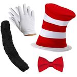 GrassVillage Child Cat in the Hat 4 PIECE Set Fancy Dress Accessory Set Hat + Bow Tie + Kids Gloves + Tail World Book Week Crazy Cat Fancy Dress Costume