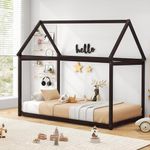Giantex Twin House Bed, Wood Montessori Bed Frame with House Roof Canopy, Low Floor Bed with Sturdy Wood Slat Support, No Box Spring Needed, Twin Playhouse Bed for Kids Teens Boys Girls (Espresso)