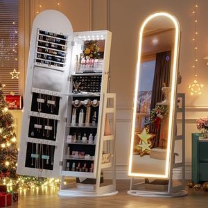 LVSOMT LED Mirror Jewelry Cabinet Standing, Lockable Jewelry Armoire with Arched Full-Length Mirror and Adjustable LED Lights, Space-Saving Jewelry Organizer with Mirror(White)