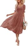 MEROKEETY Women's 2024 Summer Square Neck Puff Sleeve Boho Midi Dress Swiss Dot Ruffle Flowy Tie Back Dress, Mauve, Small