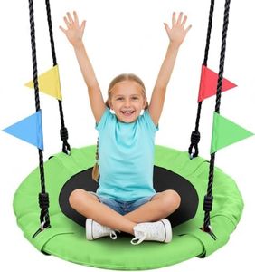 Odoland 24 inch Kid Tree Swing, Outdoor Small Saucer Swing - 900D Waterproof Oxford Platform Swing for Kids, Backyard Round Flying Swing wirh Adjustable Hanging Ropes for 1-2 Kids Green