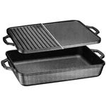 Bruntmor 3-In-1 Pre-Seasoned Cast Iron Pan with Reversible Grill Griddle Lid - 17.8"x11"x3.3" Non-Stick Multi Cooker Deep Roasting Grill Pan - Dutch Oven, Frying or Roasting Pan for Open Fire Camping