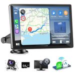 Wireless CarPlay Screen for Car, 9 Inch Portable Carplay Screen, Android Auto Car Stereo with 4K Dash Cam, 1080P Rear Camera, 64GB TF Card, MirrorLink,Siri,Bluetooth,AUX/FM,Navigation for All Vehicles