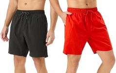 TEX2FIT Men's 7 Inch Swim Shorts with Mesh Liner, 2-Pack Classic Solid Color Swim Trunks with Pockets 7” Inseam (Black/Red, Large)