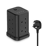 JSVER Tower Extension Lead 8 Way with 4 USB Slots Power Strip with 4 USB Charging Station(5V/4.8A) Vertical Tower Power Strip Switched with 2 M Extension Cord(Black)