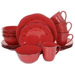 Elama Embossed Scalloped Round Stoneware Dinnerware Dish Set, 16 Piece, Red with Brown Accents