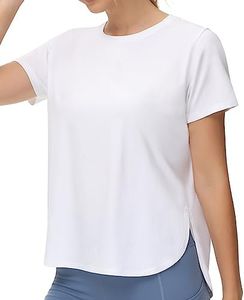 THE GYM PEOPLE Women's Workout T-Shirts Loose Fit Short Sleeve Cotton Running Basic Tee Tops with Split Hem White