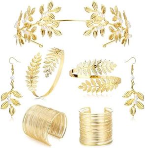 Besteel 7 Pcs Greek Goddess Costume Accessories Set for Women Gold Laurel Leaf Crown Headband Arm Cuff Coil Bracelet Earrings Bridal Wedding Headpiece Party Pearl Style