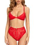 EVELIFE Women Lingerie Set Sexy Lingerie 2 Piece Strap Bra and High Waist Panties Set Lace Lingerie Set Nightwear(Red S)