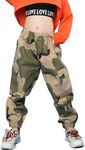 Rolanko Girls Cotton Jogger Cargo Pants for Kids Loose Street Hip Hop Dance, Camouflage, 10-12