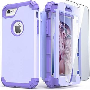 IDweel for iPhone 6S Case, for iPhone 6 Case with Tempered Glass Screen Protector, 3 in 1 Shock Absorption Heavy Duty Hard PC Covers Soft Silicone Full Body Protective Case for Women Girls,Purple