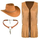 MAKCNMYM Tassel Vest for Women 70s Hippie Faux Suede Sleeveless Fringe Rivets Jacket with Cowboy Hat and Leather Necklace, Brown, X-Large