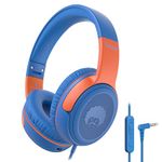 Rockpapa Share 1 Kids Headphones with Microphone & Share Port, 85dB/94dB Volume Limited, Foldable Wired Child Youth Boys Girls Headphones for Kids for School/Travel Blue/Orange