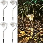 SAHAPECT 1 LED Diamond Solar Waterproof Automatic Outdoor Garden Stake Stainless Steel Light Lamp for Path Walkway Pack of 4 (1 LED Diamond Warm White)