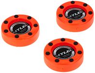 MyLec Hockey Pucks for Outdoor Hockey, Made with PVC, Hockey Stuff with Graphite Reinforced Shaft & Nylon Glides, Training Pucks for Street Hockey (Orange, 110gm, Pack of 3)