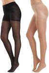 MANZI Tummy Control Top Pantyhose for Women Sheer Black Tights with Reinforced Toe High Waist Tights 40D Black+Natural,M