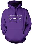 HotScamp All I Need In Life Food Sleep WIFI Unisex Adults and Kids Hoodie - Funny Millenial Teenager Gamer Lazy Age 9/11-34'' Purple