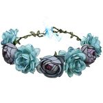 SYGA Women Silk Rose Floral Crown Hair Wreath Leave Flower Headband Tiara with Adjustable Ribbon for Girls, Pack of 1 - Blue