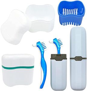 Denture Case Kit, 2 Denture Bath Cups with 2 Denture Brush & 2 Portable Toothbrush Box, Denture Brush Retainer Bath with Lid, Retainer Cleaning Denture Boxes, Toothbrush Kit for Travel