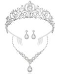 COCIDE Silver Jewelry Set for Women Crystal Tiara and Necklace Kit for Girls Rhinestone Crown Earrings Neck Accessories for Bride Wedding Birthday Party Bridal Prom Bridesmaid Dress up, one size,