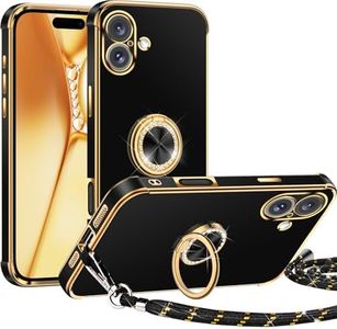 Miss Arts Funda para iPhone 16 con soporte de anillo, funda para iPhone 16 con cordón ajustable, fina TPU suave a prueba de golpes para mujer - Negro