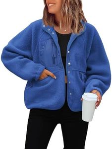 ReachMe Womens Button Down Cropped Fuzzy Fleece Jackets(Royal Blue,S)