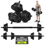 Gallant 20kg Adjustable Dumbbells Set, 2 in 1 Dumbells and Barbell Hand Free Weights Set Strength Training Lifting Body Building, Fitness Exercise Equipment For Home Gym, Ideal Men Women Black