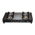 Sunflame Pride 4 Burner Gas Stove | 2 Medium and 2 Small Brass Burners | 2-Years Product Coverage by Sunflame | Ergonomic Knobs | Easy to Maintain l Toughened Glass Top | PAN India Presence| Black