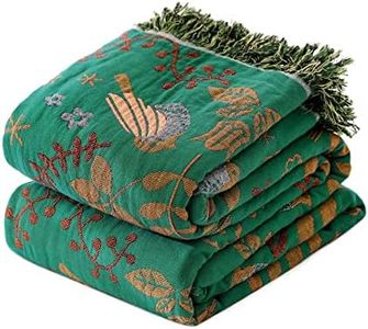 LUTBM Boho Throw Blanket for Bed - 100% Cotton Ultra Soft Rustic Quilt Summer Bird Floral Printed Farmhouse Decor Blankets,60"80", Green