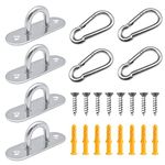 4 Pcs Stainless Steel Eye Pad Plates + 4 Pcs Carabiner Clips, M5 Pad Eye with 8 Screws and 8 Plastic Expansion Pipes, Metal Staple Ring Hook for Hanging Wall Ceiling Marine Hardware Accessories