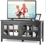 CASART TV Console Table for TVs up to 50”, 3 Tier TV Stand Cabinets with 2 Glass Doors, Wooden Entertainment Center for Living Room Bedroom Office (Black)