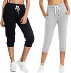 SPECIALMAGIC Women's Capri Sweatpants Cropped Jogger French Terry Running Pants with Side Pockets Black+ Light Grey 2XL