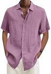 EFOFEI Men's Button Down Hawaiian T Shirt Casual Stylish Cotton Linen T Shirt Button Up Beach Tee Tops Pink L