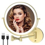 MIROAMZ Rechargeable Wall Mounted Lighted Makeup Vanity Mirror 8 Inch Double Sided 1X 10X Magnifying Bathroom Mirror, 3 Color Lighting, Touch Screen Dimming, 360 Rotation Shaving Mirror Gold