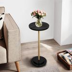 COVLON Drink Table, Weighted Base Pedestal Table, Modern Martini Table, Small Side Table with Wooden Carved Table Top for Living Room, Bedroom, Gold and Black