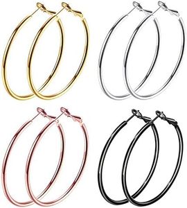 JewelryWe 4 Pairs Oval Hoop Earrings Set,70MM Large Hoop Dangling Stainless Steel Earrings for Women Girls