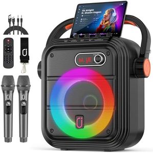 Karaoke Machine for Adults Kids, Portable Bluetooth Speaker with 2 Wireless Microphones & Remote Control Supports Bass/Treble, LED Lights, TF Card/USB/AUX, TWS, Echo, Live for Outdoor Party