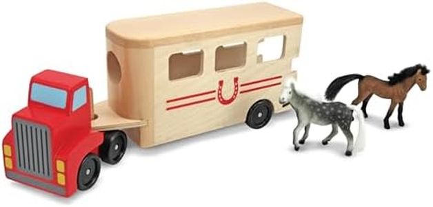 Melissa & Doug Horse Carrier Wooden Vehicle Play Set With 2 Flocked Horses and Pull-Down Ramp - Horse Figures, Wooden Horse Trailer Toy For Kids Ages 3+