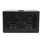 Wolf Heritage 270102 - Double Watch Winder for 2 Watches - Tempered Glass Cover - Quiet Motor with Patented Technology - Black Vegan Leather - Chrome Clasp and Control Turn Knobs.